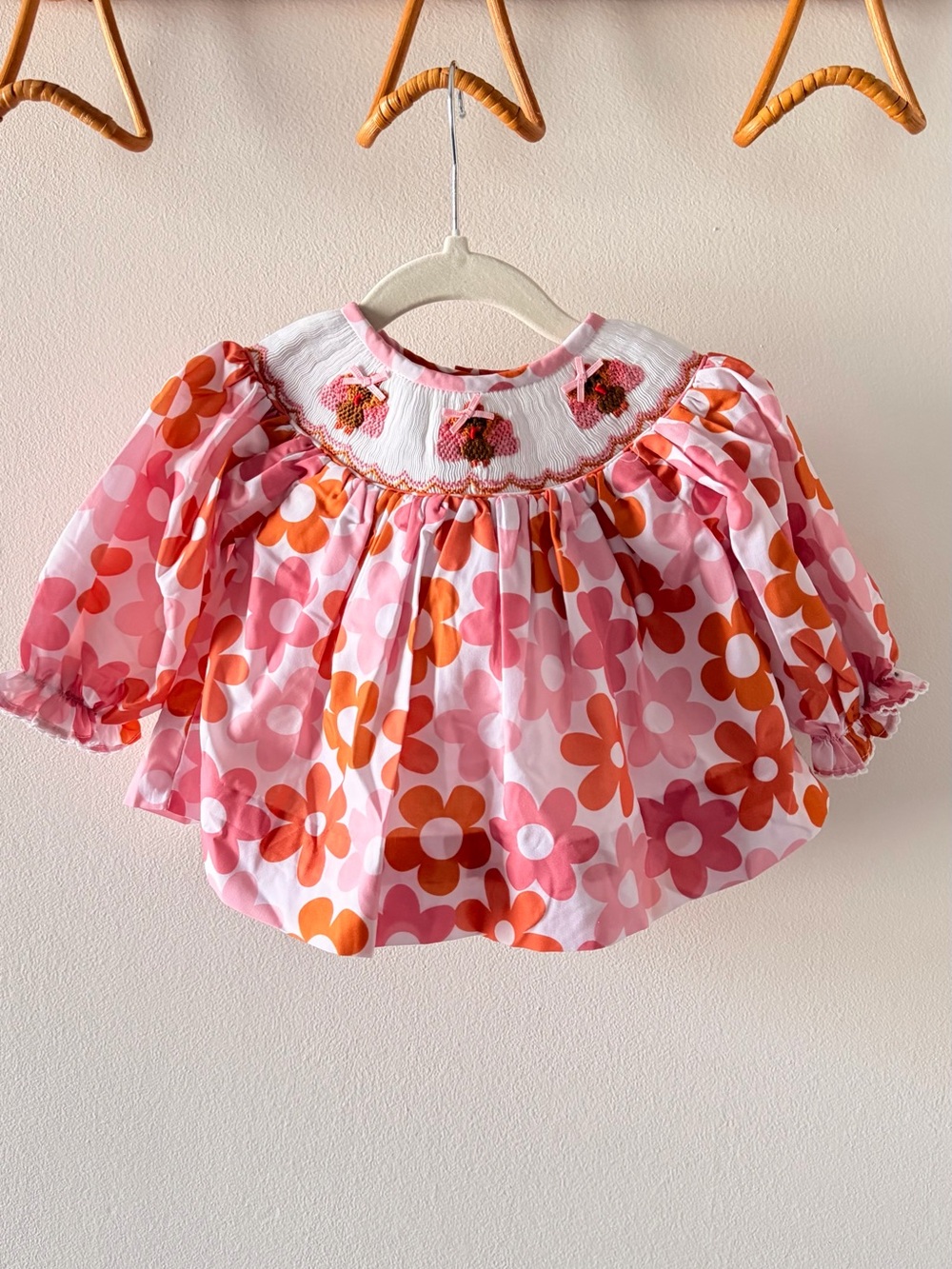 Smocked Floral Puff-Sleeve Top - Pink & Orange